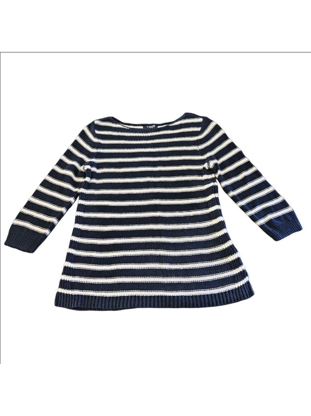 Women's Chaps Knit Navy Blue/White Striped Crew Neck Linen Blend Sweater Size S